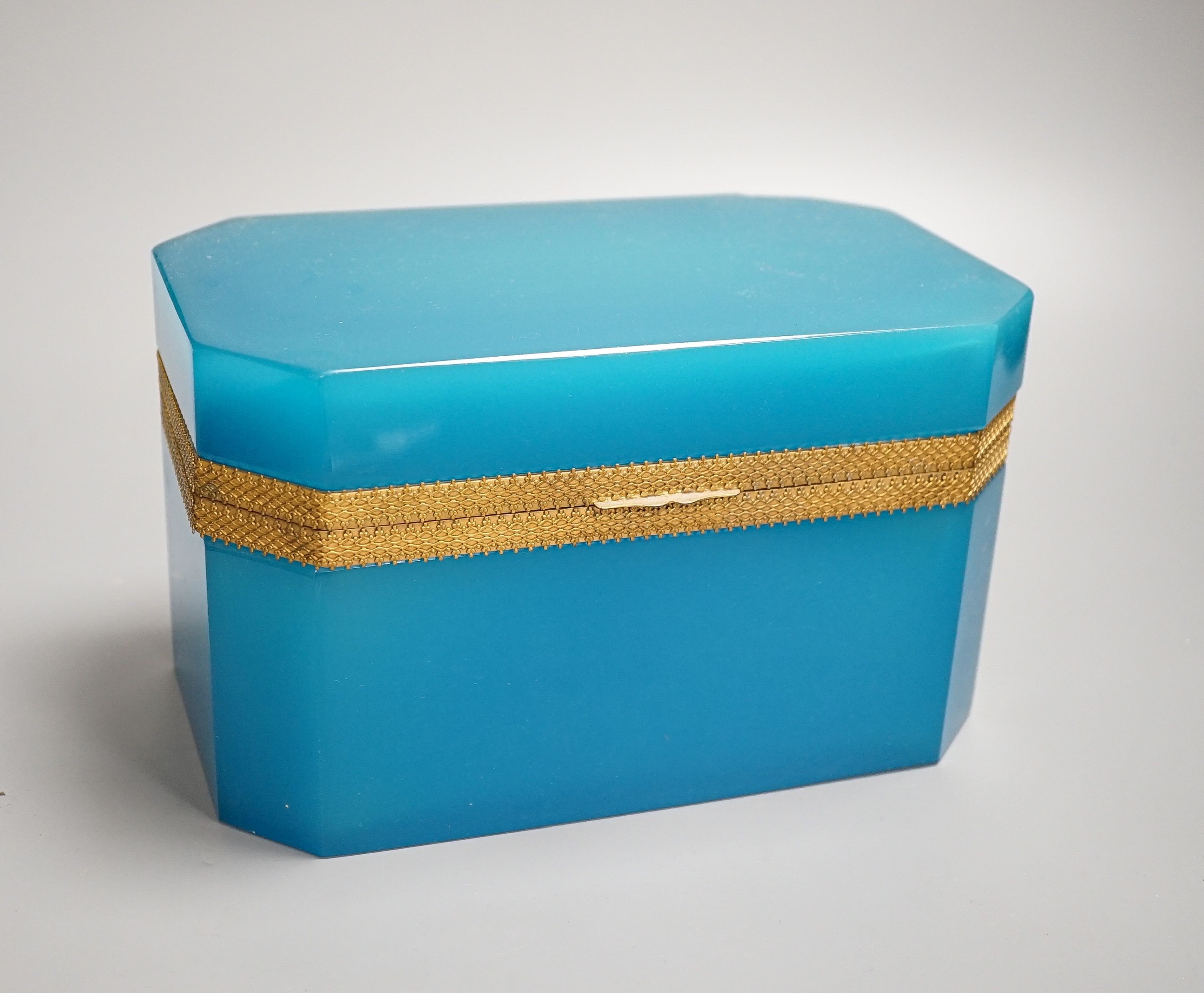 A large opaline blue glass casket, late 19th century, width 23cm height 13.5cm (a.f.)